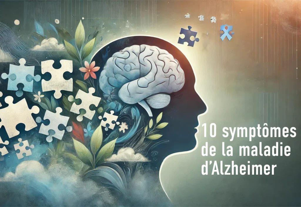 Illustration symbolique des symptômes de la maladie d'Alzheimer, montrant un puzzle cérébral et une mémoire décolorée pour représenter la complexité de la condition.