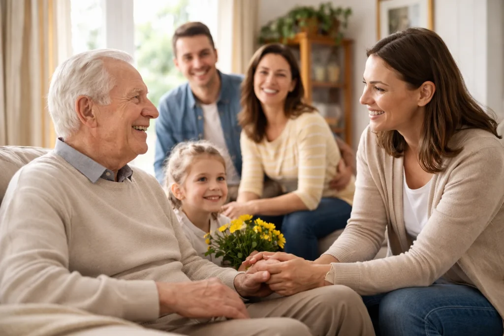 Visite de proches auprès d’une personne aînée à domicile pour observer des signes liés à la prévention de la perte d’autonomie.